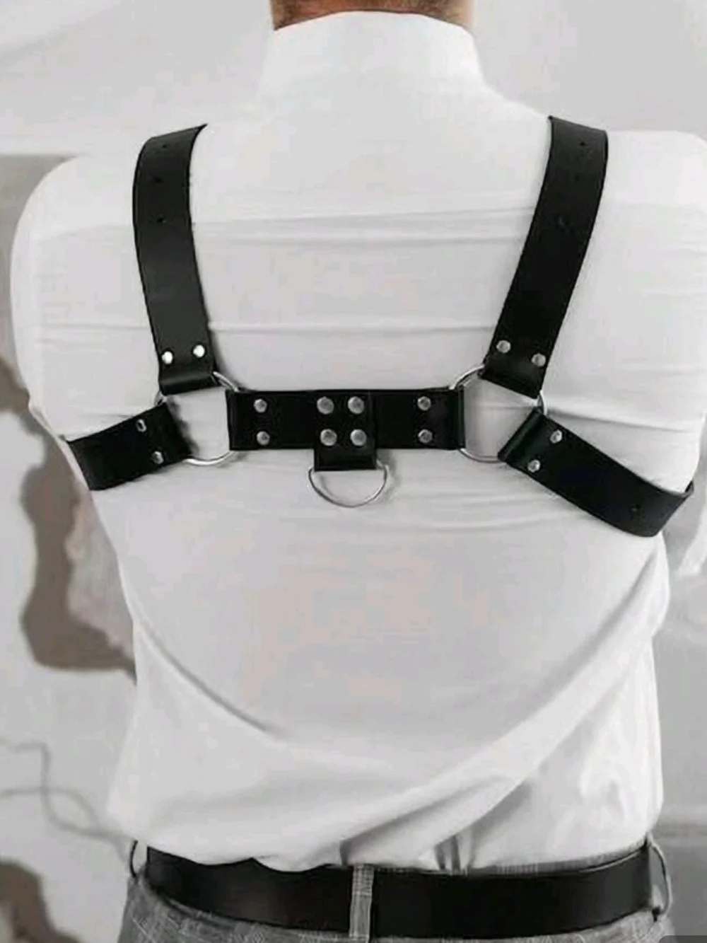 Trendy Men's Black Leather Chest Studded Harness Belt